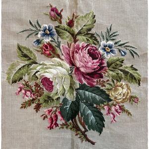Vintage Preworked Decorator Needlepoint Canvas Floral Bouquet Design 14x14 READ
